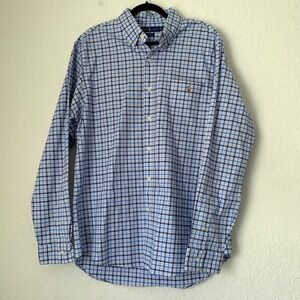 Ralph Lauren Shirt Men XL Slim‎ Fit Stretch Oxford Blue Plaid Flesh Pony Pocket